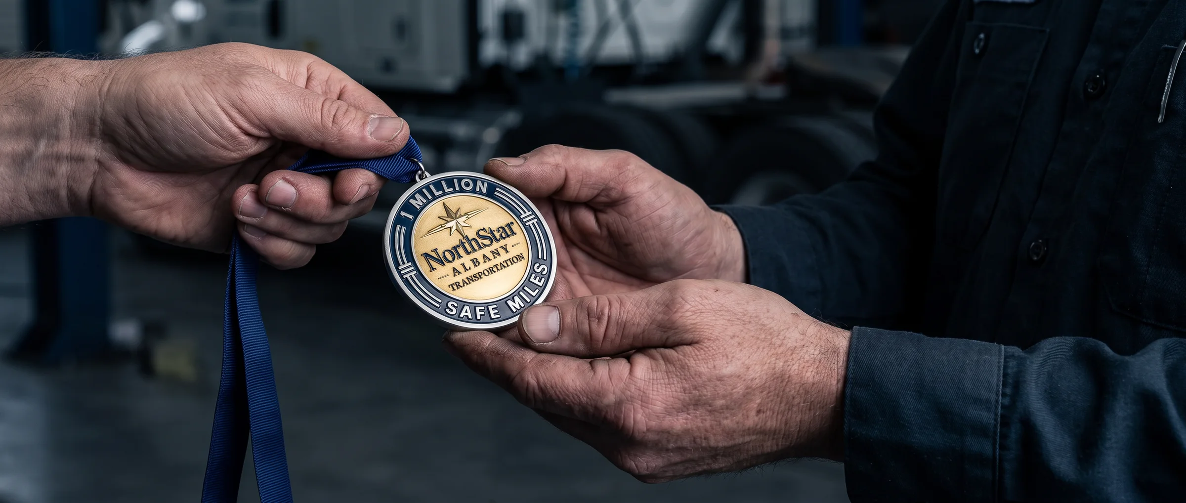 A driver's hands receiving a One Million Safe Miles medal in a truck maintenance bay