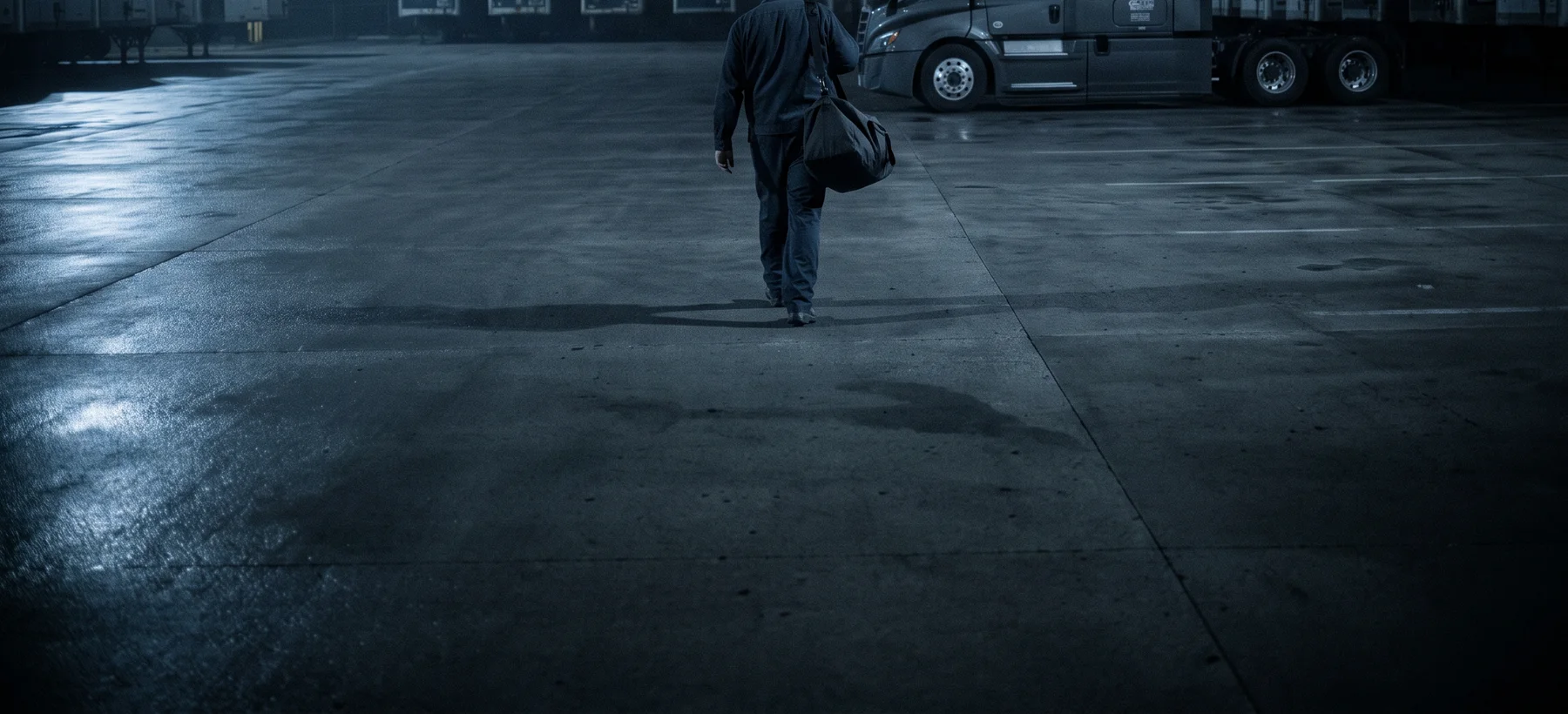 A driver walking away from a parked tractor unit across an empty yard at night