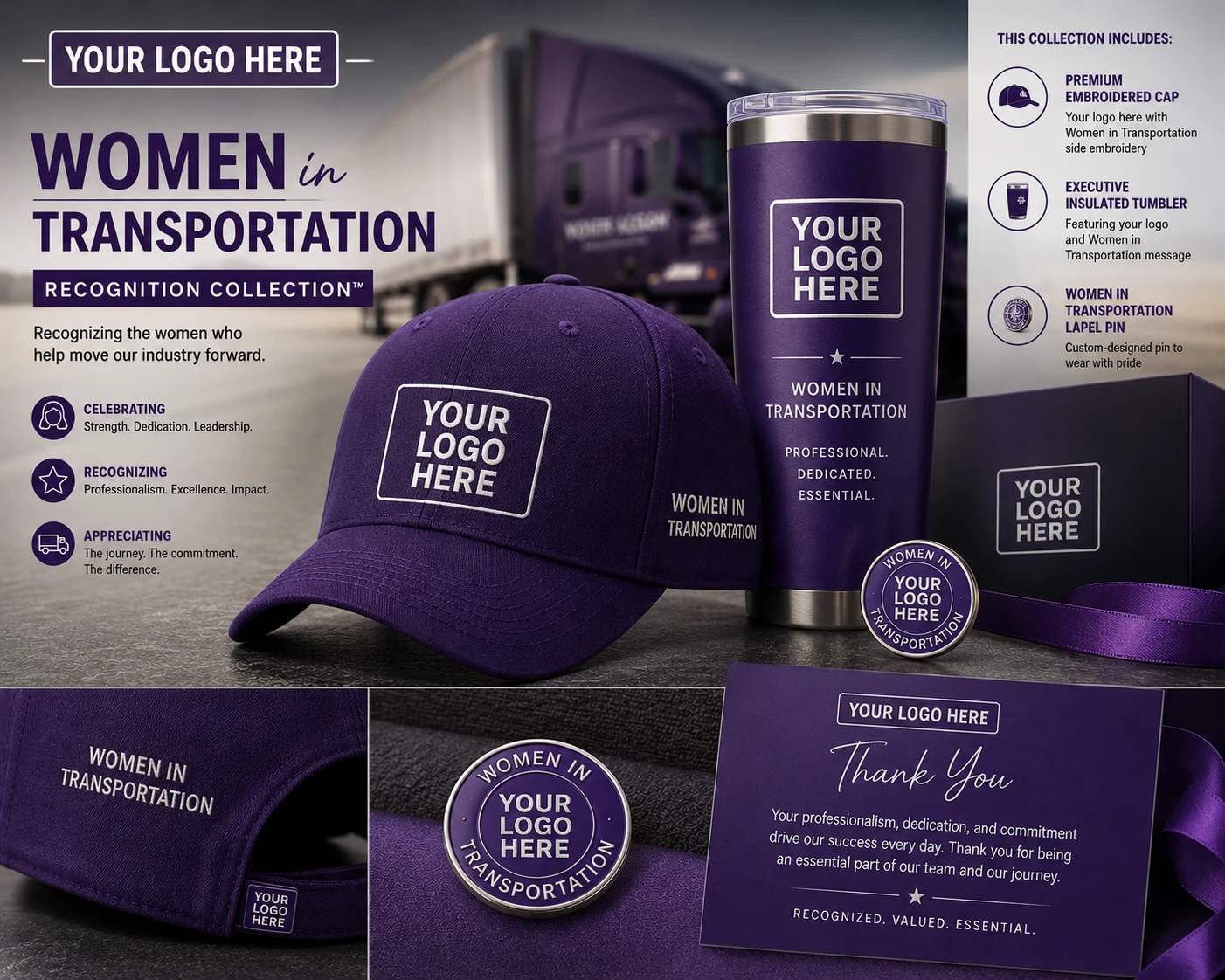 Women in Transportation Recognition Collection — custom-branded cap, tumbler, and lapel pin