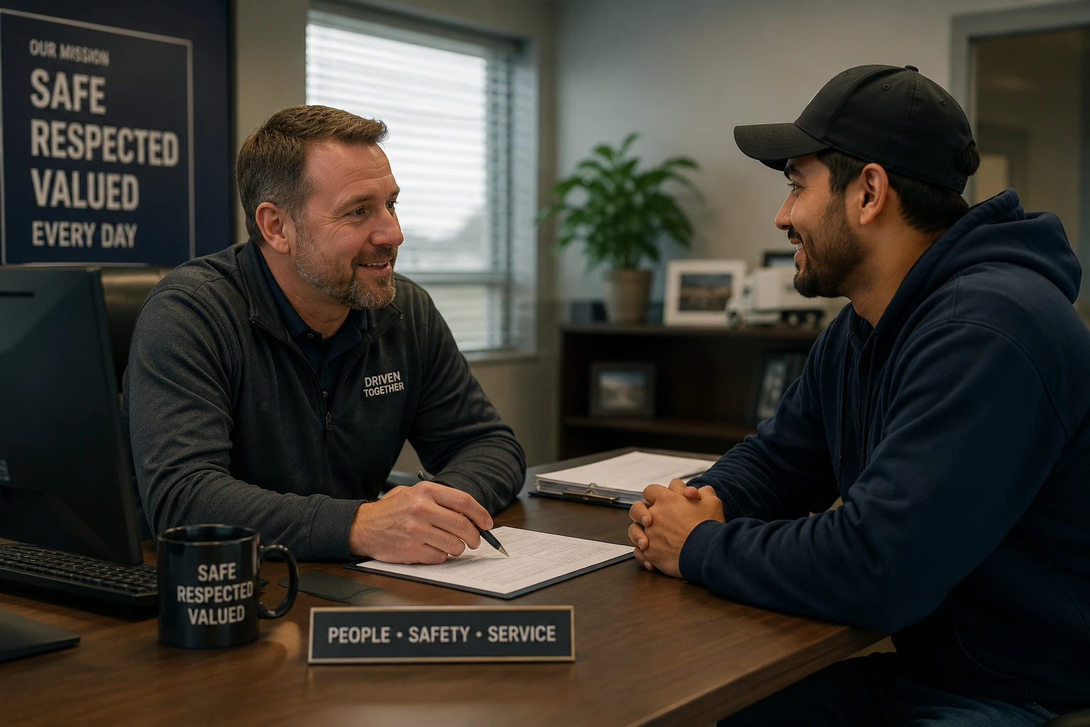 A fleet manager and a new driver talking across a desk during onboarding — People · Safety · Service