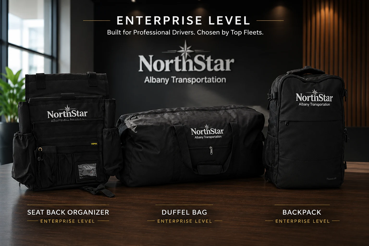 Holiday & Seasonal Programs — enterprise driver gifts: seat back organizer, duffel bag, and backpack