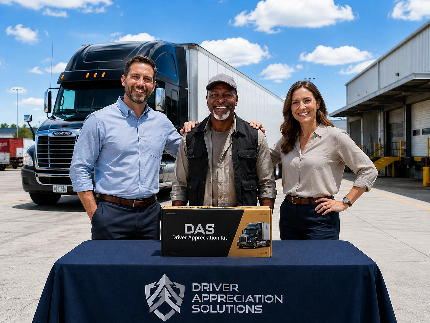 A professional truck driver recognized by two fleet managers beside a Driver Appreciation Solutions kit, with a Freightliner truck and terminal in the background