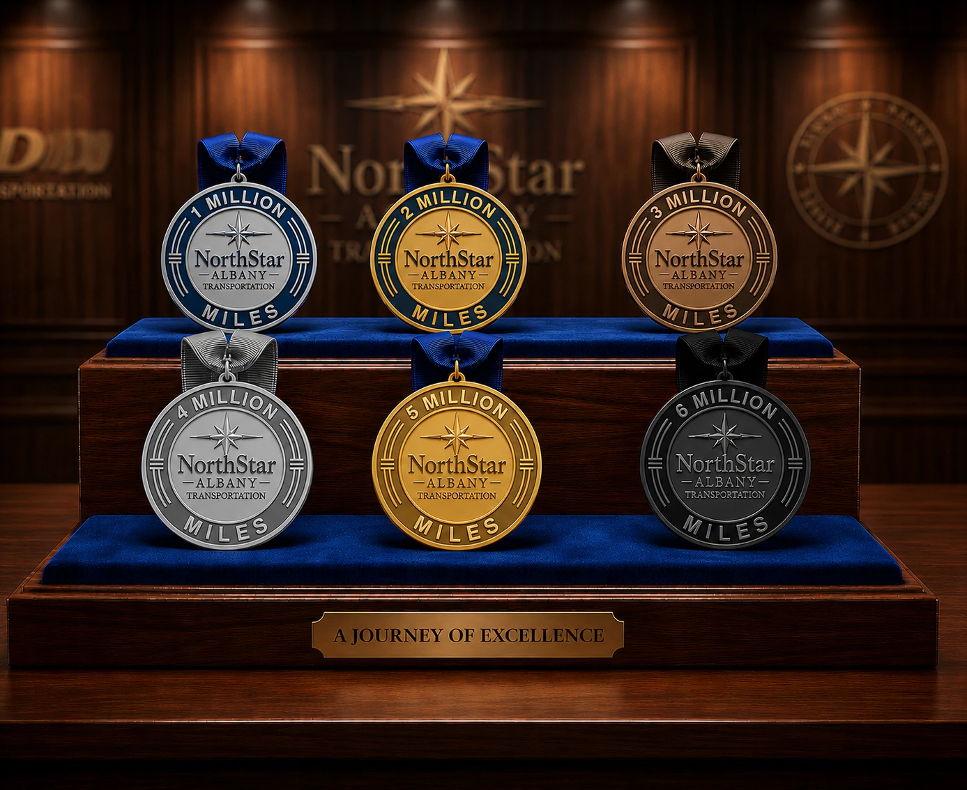 Service and Safety recognition medals — 1 to 6 million mile achievement medals in a premium display case