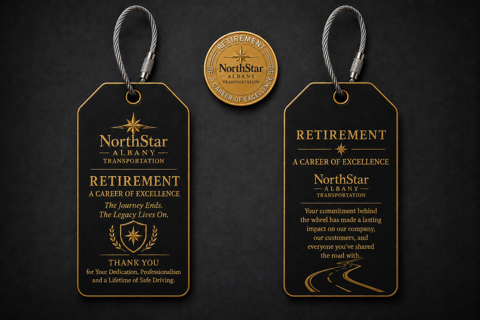 Retirement luggage tags in black and gold with a career-of-excellence retirement message