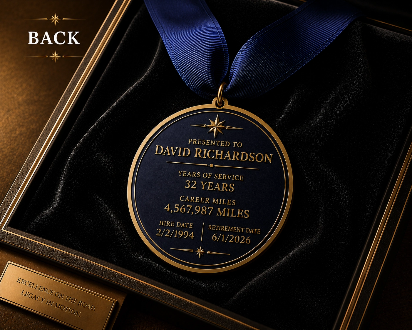 Retirement Legacy medal, reverse — personalized with the driver's name, years of service, and career miles