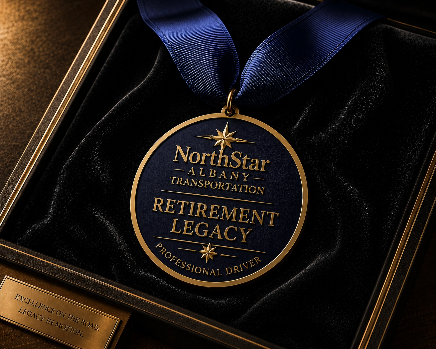 Retirement Legacy medal, front — gold and navy in a premium presentation box with a blue ribbon
