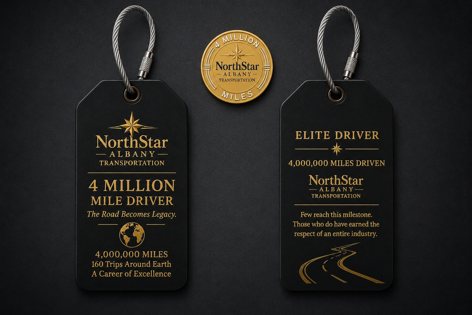 Safe Service Miles driver luggage tag — premium engraved front-and-back layout