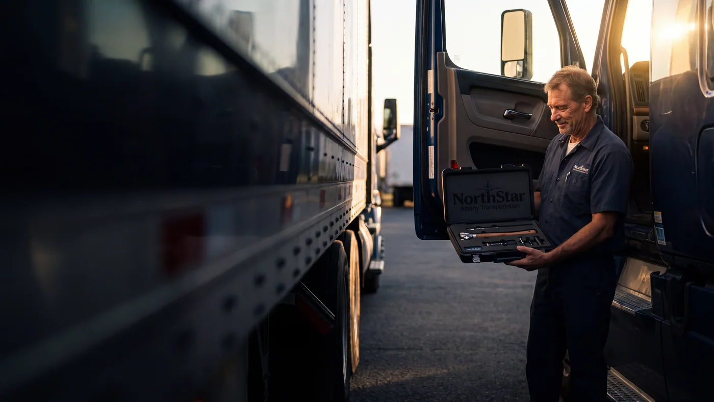 A professional driver beside his tractor unit, looking down at the Driver Appreciation Kit he has just been handed
